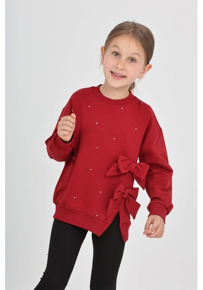 Toontoy Kız Çocuk Taşlı Fiyonklu Sweatshirt Bordo