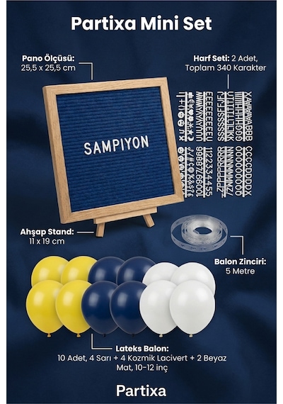 Sarı Lacivert Taraftar Süsleme Mini Set Koyu Mavi Keçe Yazı Panosu Standlı Balon Zincirli Taraftar Doğum Günü Seti Tüm Yaşlar