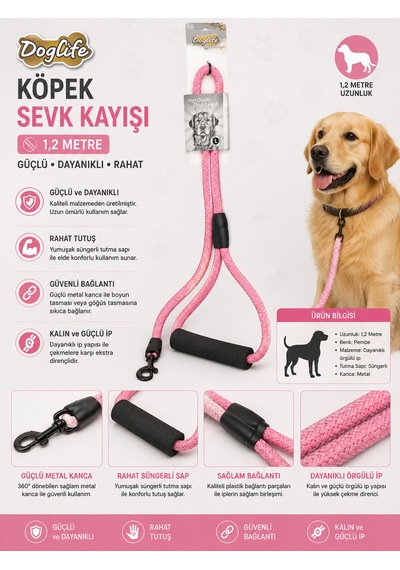 Dog Life Köpek Sevk Kayışı 1,2 Metre Örgü İp Süngerli Sap Metal Kancalı - Pembe