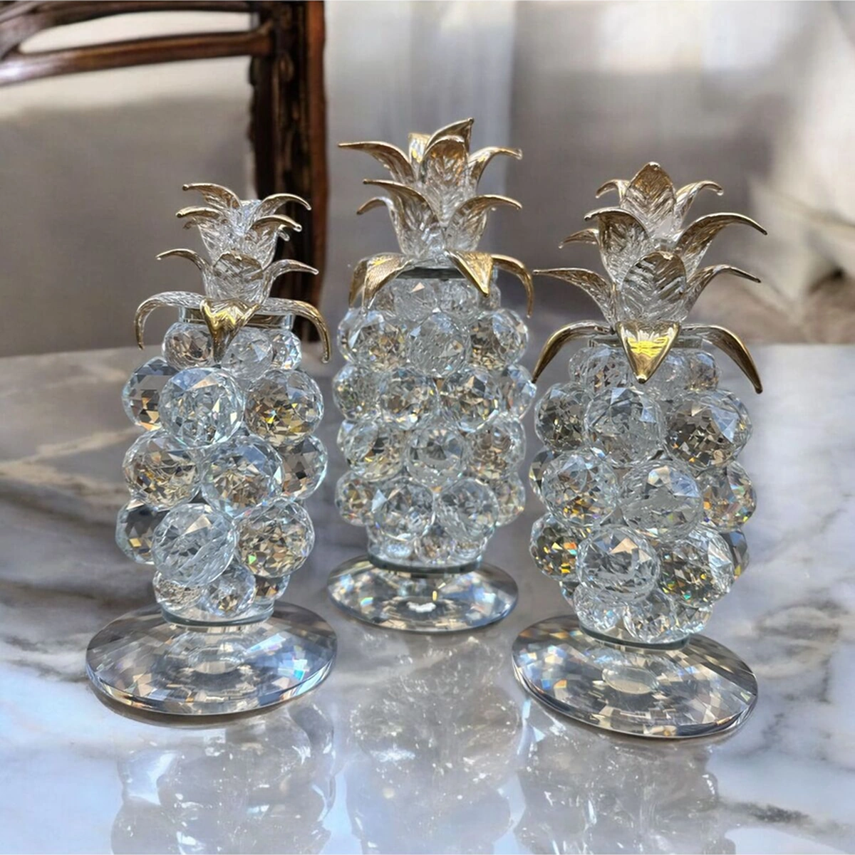 Dekoratif Kristal Cam Üçlü Ananas Set Şeffaf Gold
