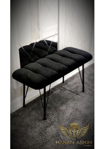 By Hakan Aşkın Metal Ayaklı 38x90 Cm Eco Black Babyface Puf & Bench Tekli Baby Face Kumaş Siyah