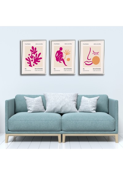 Henri Matisse 3'lü Alüminyum Çerçeveli Poster Seti - Önden Açılır A3 Açılır Kapanır Çerçeve Seti Fuşya Pembe Soyut Figürler, Gümüş