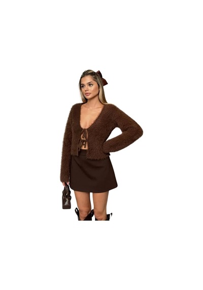 Kechi Woman Bağlamalı Camel Renk Sakallı Triko Hırka Kahve