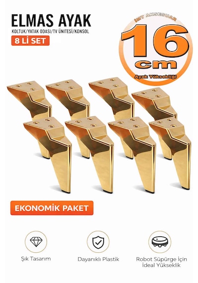 16 Cm Altın Elmas Ayak 8 Adet - Robot Süpürge Uyumlu Koltuk Dolap Tv Ünitesi Ve Mobilya Ayağı Seti Altın