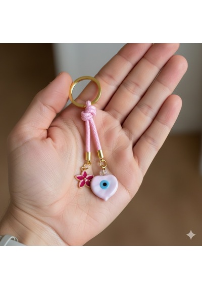 Nazar Boncuklu Pembe Kalpli Çanta Süsü El Yapımı İpli Anahtarlık & Çanta Aksesuarı Pembe