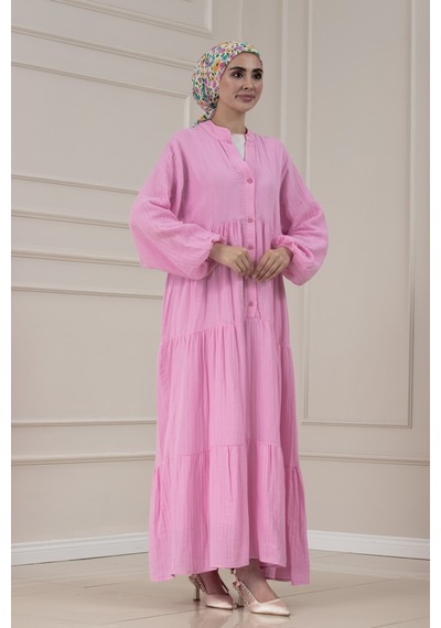 Sevitli Müslin Kumaş Robalı İvana Elbise-pembe-5813