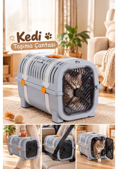 Porsima 0000 Premium Kedi Taşıma Çantası Ve Kafesi - Emniyet Kemer Yuvalı, Havalandırmalı Kedi & Küçük Irk Köpek Taşıma Kutusu Gri / Sarı