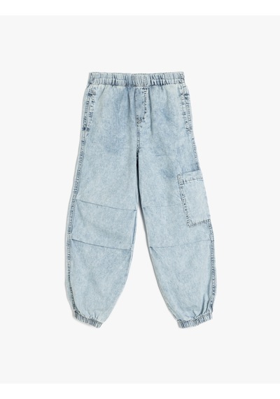 Koton Beli Lastikli Pamuklu Paraşüt Denim Pantolon Lıght Indıgo 5skb40014td Açık Mavi