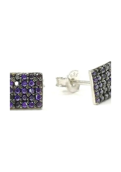 Omar Silver Kadın Kare Mor Zirkon Taşlı Çivili Gümüş Küpe Omr7509