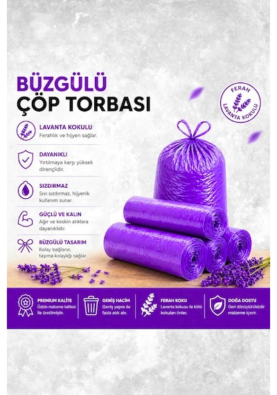 Büzgülü Çöp Poşeti Çilek Limon Lavanta Kokulu 65 70 Cm Büyük Boy 3 Rulo Çöp Torbası