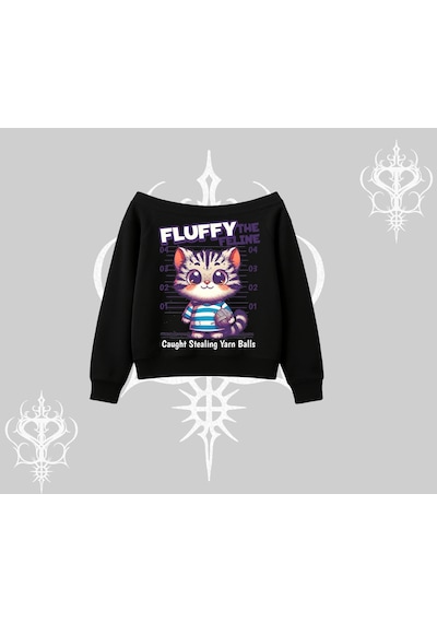 Startmore Fluffy The Feline Yazılı Sevimli Kedi Arka Baskılı Kayık Yaka Sweatshirt Siyah