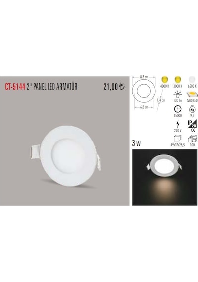 Cata Ct-5144 10 Adet 3W Slim Led Panel Armatür Alüminyum Kasa Beyaz