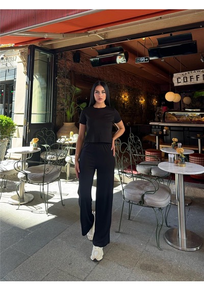 WeShaya Siyah Modal Polyester Palazzo Takım Siyah
