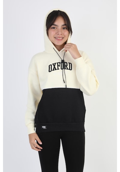 Kapşonlu Oxford Baskılı Kanguru Cepli Kız Çocuk Sweatshirt-90864 Krem