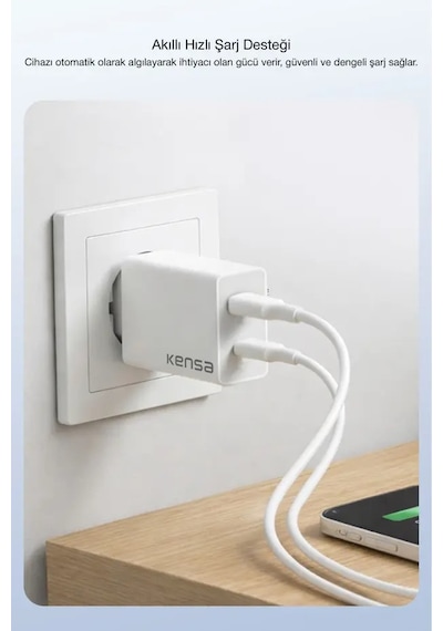 50w Pd Çift Çıkışlı Hızlı Şarj Başlığı Usb-c + Usb-a, Akıllı Güvenlik Çipli 1 Adet