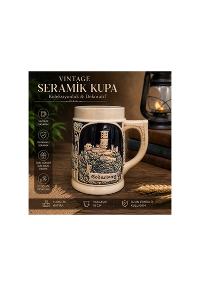 Vintage Alman Seramik Bira Kupası Godesburg Kabartmalı Koleksiyonluk Kupa
