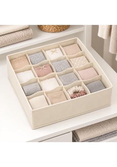 Deconox 6 Bölmeli Fermuarlı Kapaklı Bez Organizer 32 X 15 X 10 Cm, Katlanabilir Çekmece Ve Dolap İçi Düzenleyici, Tekli