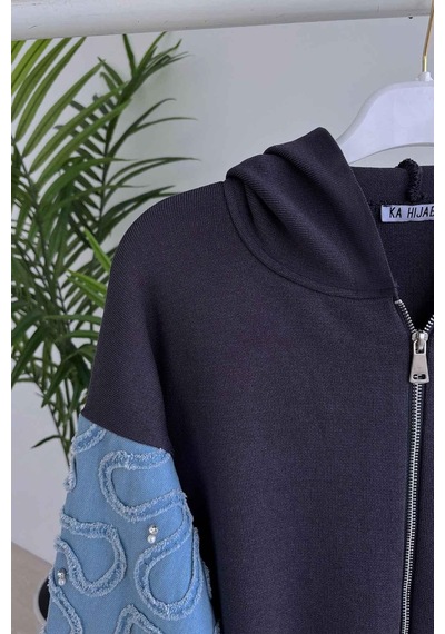 Ka Hijab Kolları Kot Detaylı Triko Hırka - Füme Füme