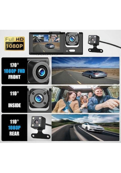 Araç İçi 3 Kameralı 1080p /2.0 İnç Lcd Ekranlı /gece Görüşlü /ger