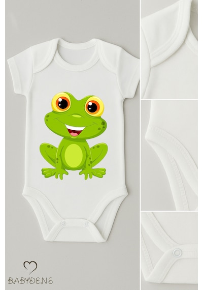 Babyden's %100 Pamuklu Sevimli Hayvan Figürlü Bebek Body Unisex Çıtçıtlı Kısa Kollu Zıbın Kurbağa Beyaz