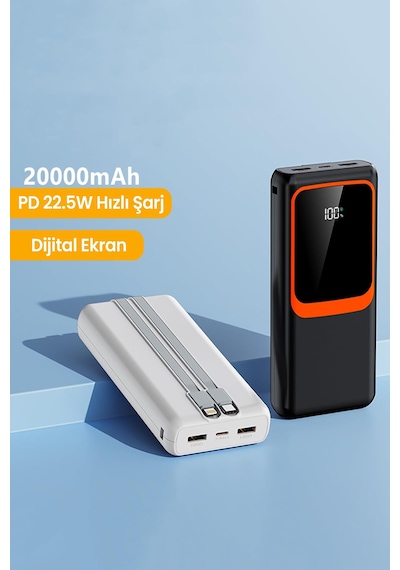 20.000 Mah Hızlı Şarj Pd 22.5w Powerbank Lightning Type-c Çıkışlı Dijital Göstergeli Kendinden Kablo Siyah