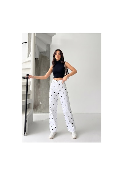 Kene Jeans Bol Paça Puantiyeli Beyaz Keten Pantolon Beyaz