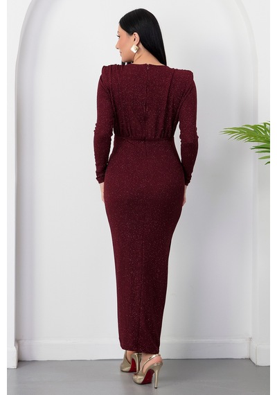 Kalopya Oval Yaka Uzun Kol Simli Elbise Grs4155 Bordo