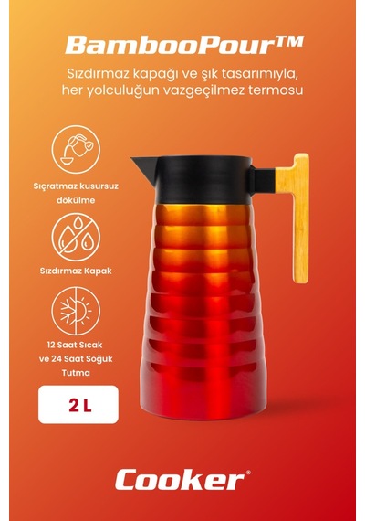Cooker Bamboopour 2 Litre Paslanmaz Çelik Bambu Saplı Termos Ckr2097 Sarı