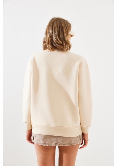 Shade Kadın Üç İplik Şardonlu Renkli Kalp Baskılı Sweatshirt Mbhs007 60601007 - Bej