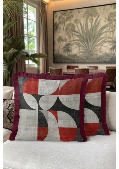 Geometrik Soyut Desen Saçaklı Yastık Kılıfı - Retro Eklektik Gri Siyah Bordo Püsküllü Kırlent Kılıfı Puslu Sahil Ritüel