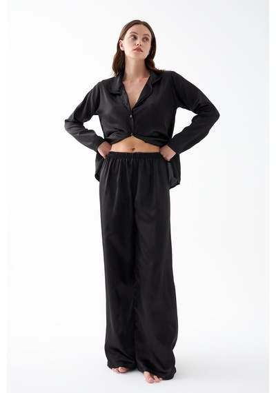 Akbeniz Kadın Siyah Oversize Saten Pijama Takımı