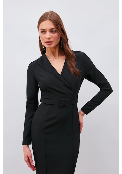 Sateen Kemerli Kalem Elbise - Siyah Sateen Kemerli Kalem Elbise - Siyah