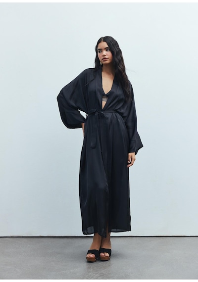 Frappant Siyah Uzun Saten Sabahlık / Kimono Siyah