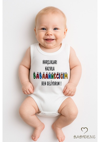 Babyden's Harçlıkları Hazırla Babaannecim Ben Geliyorum Yazılı Kolsuz Bebek Body Pamuk Yazlık Çıtçıtlı Zıbın Beyaz