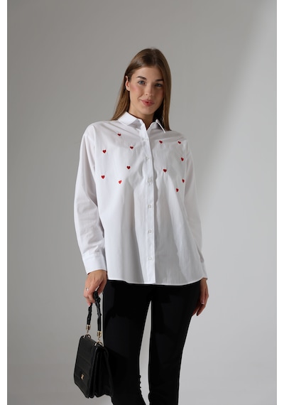 Corradeo Giyim Yeni Sezon Oversize Çizgili Poplin Kumaş Kalp Nakış Detaylı Apoletli Tasarım Gömlek Beyaz
