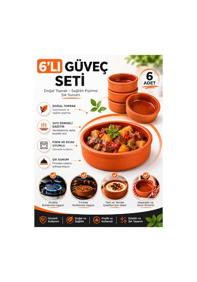 6'lı Toprak Güveç Seti Fırın Ve Ocak Uyumlu Porsiyonluk Güveç Kabı Sütlaç, Sufle Ve Yemek Sunumu İçin Kiremit
