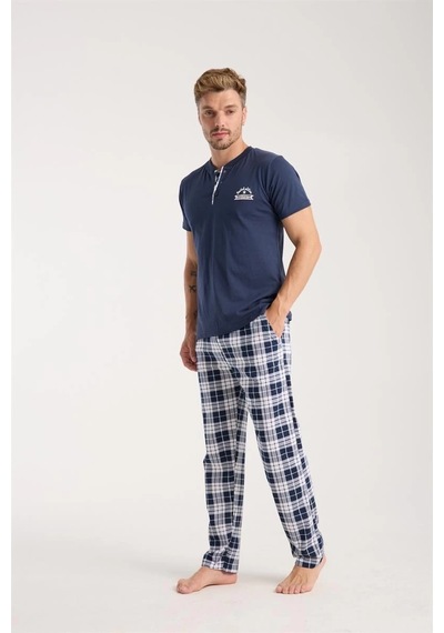 Lenaca Erkek Lacivert Düğmeli Yaka Kısa Kol Pijama Takımı Lacivert