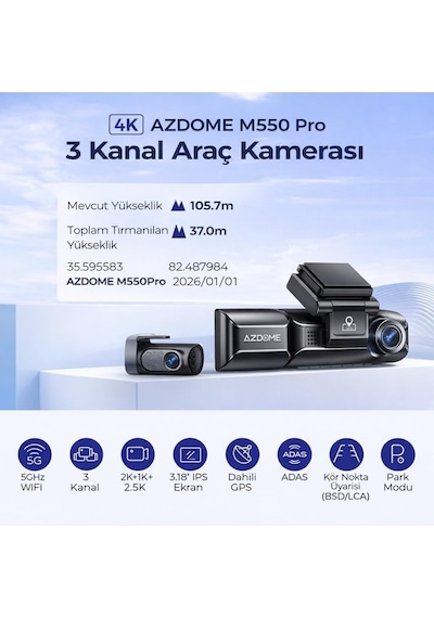 M550 Pro 3 Kameralı 150 Derece Görüş Açışı 4k Ultra Hd Gece Görüşlü Wifi Araç İçi Kamera