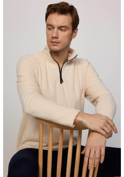 Tudors Erkek Dik Yaka Tüylenme Yapmayan Soğuk Geçirmez Standart Fit Rahat Kesim Bej Polar Sweatshirt-30206-bej Bej