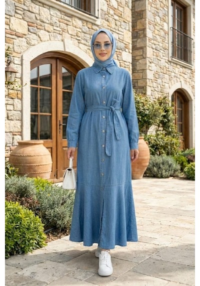 Hb Harma Time Butik Kadın Düğmeli Kuşaklı Açık Kot Mavi Elbise Açık Mavi