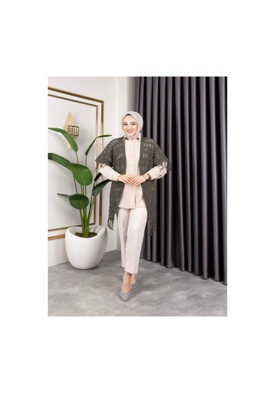 Hira Life Fashion Kadın Mevsimlik Saçaklı Ve Ajurlu Pamuk Triko Hırka Haki Haki