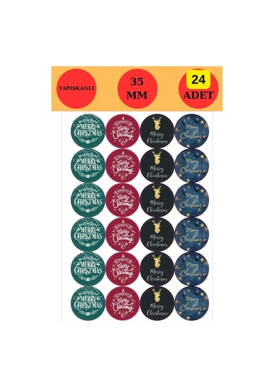 24 Adet - Deer & Merry Christmas Sticker - Yılbaşı Sticker - Yılbaşı Süsü - Paketleme Sticker Çok Renkli