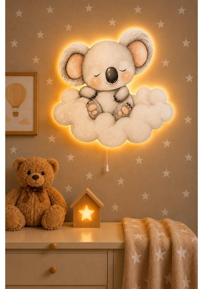 Ahşap Koala Lamba & Işıksız İsimlik Seti İsimli Bebek Ve Çocuk Odası Dekoru Gri