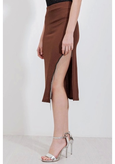 Defymoda 1890 Zincir Detaylı Etek - Kahverengi Kahverengi
