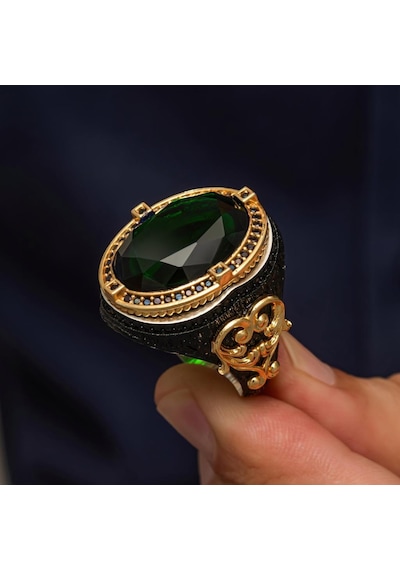 Oval Yeşil Taşlı 925 Ayar Gümüş Yüzük Beyaz