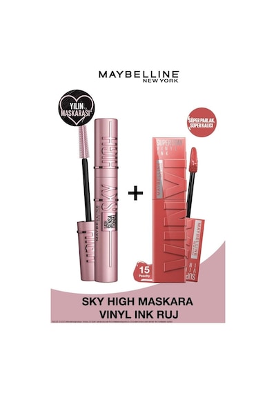 Maybelline New York Lash Sensational Sky High Maskara & Super Stay Vinyl Ink Uzun Süre Kalıcı Likit Parlak Ruj 15 Peachy pktlsshsstyvnly-9356 0