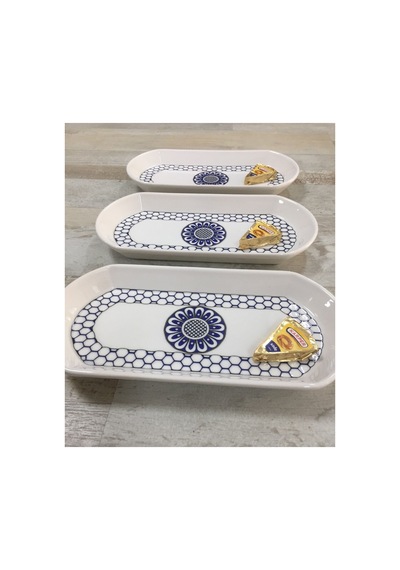 3 Adet Orta Boy 26cm Seramik Oval Kahvaltı Peynir Kayık Servis Sunum Tabağı Takımı Seti Mavi