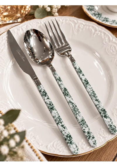 18 Parça Floral Green Desen Yemek Çatal , Kaşık ,bıçak Seti-7960 Çok Renkli
