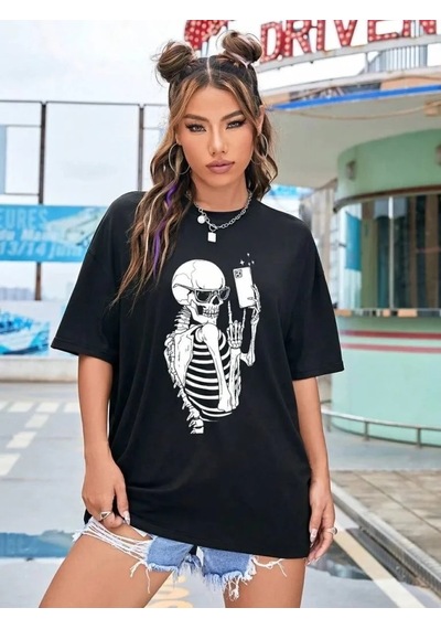 Kadın İskelet Baskılı T-shirt Kısa Kol Bisiklet Yaka Ovarsize Tişört - Siyah Siyah