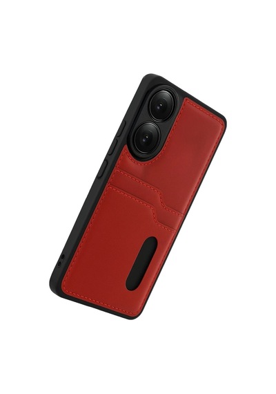 Oppo A38 Sara Kartvizitli Deri Kılıf - Kırmızı Kirmizi